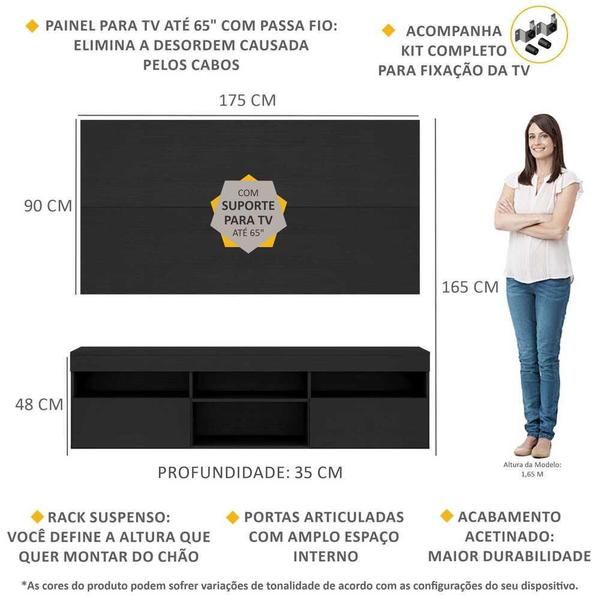 Imagem de Rack com Painel e Suporte para TV até 65" Suspenso com 2 Portas Londres Multimóveis Preto