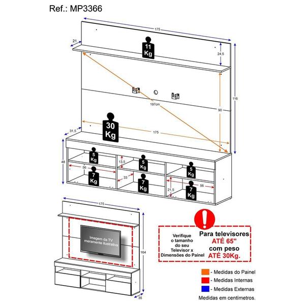 Imagem de Rack com Painel e Suporte TV 65" com Prateleira Madri Multimóveis Branco