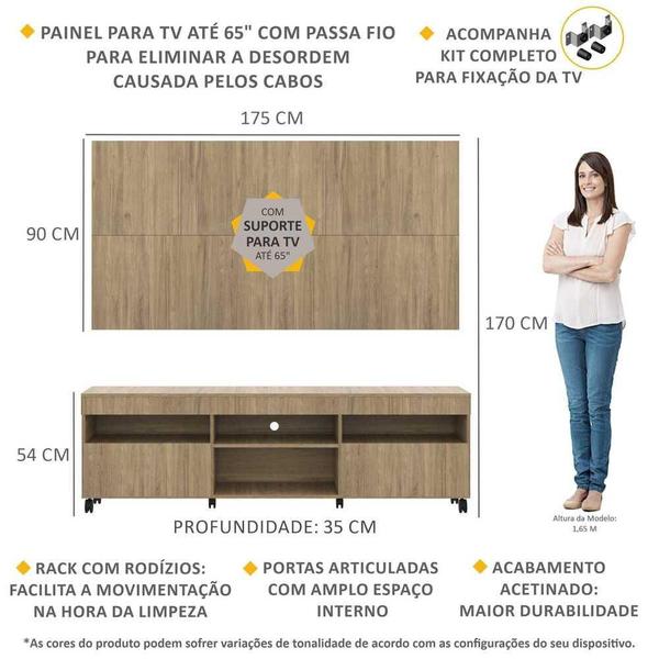 Imagem de Rack com Painel e Suporte TV 65" com Rodízios e 2 portas Londres Multimóveis Rustic