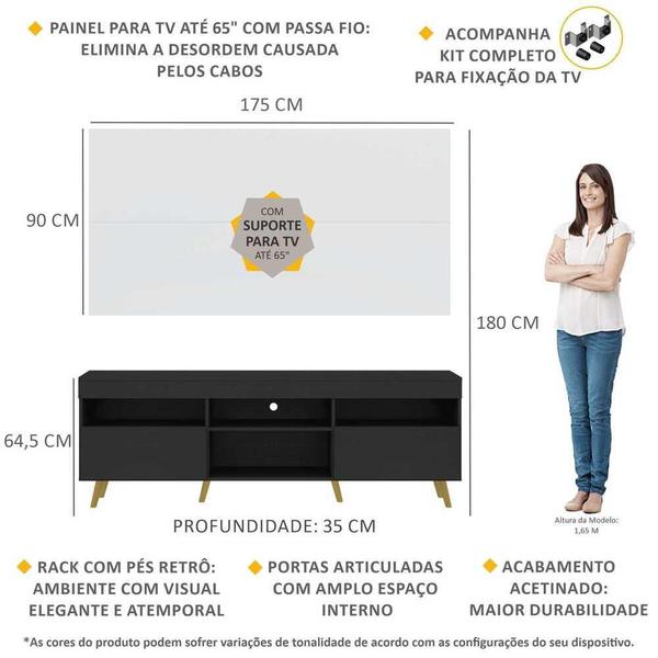 Imagem de Rack com Painel e Suporte TV 65" Londres Multimóveis Pés Retrô e 2 portas Preto/Branco/Natural