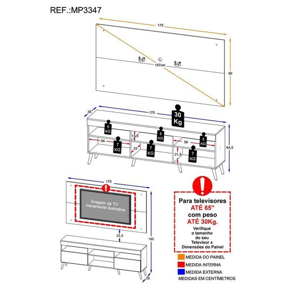 Imagem de Rack com Painel e Suporte TV 65" Londres Multimóveis Pés Retrô e 2 portas Rustic/Preto/Branco