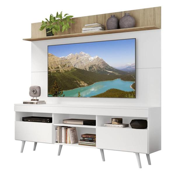 Imagem de Rack com Painel e Suporte TV 65" Madri Multimóveis Branco/Rustic com Prateleira e Pés Retrô Branco