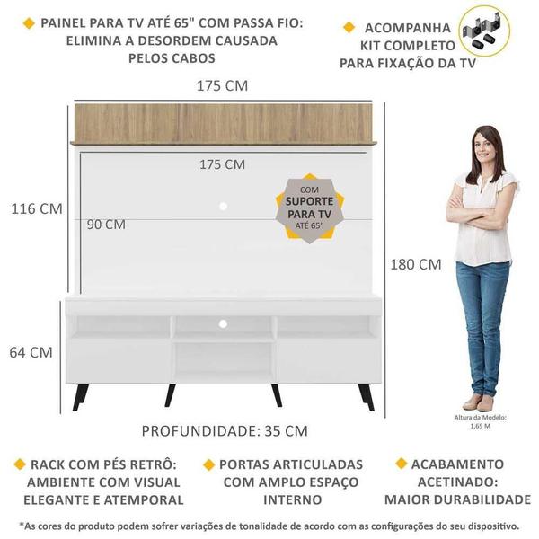 Imagem de Rack com Painel e Suporte TV 65" Madri Multimóveis Branco/Rustic com Prateleira e Pés Retrô Preto