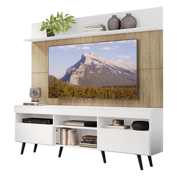 Imagem de Rack com Painel e Suporte TV 65" Madri Multimóveis Branco/Rustic com Prateleira e Pés Retrô Preto