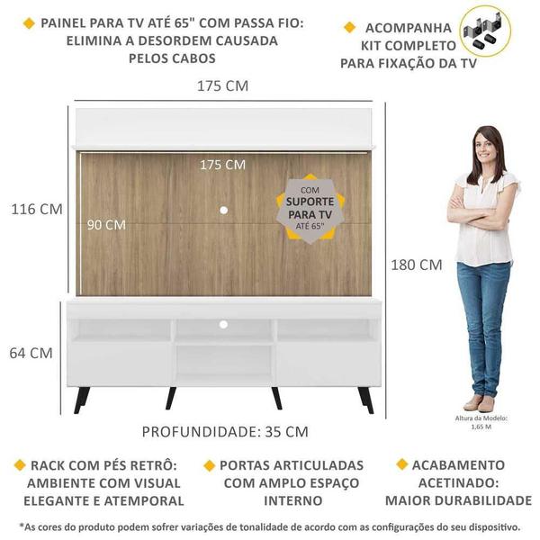 Imagem de Rack com Painel e Suporte TV 65" Madri Multimóveis Branco/Rustic com Prateleira e Pés Retrô Preto