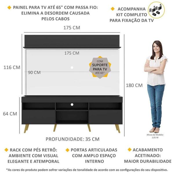 Imagem de Rack com Painel e Suporte TV 65" Madri Multimóveis Preto/Branco com Prateleira e Pés Retrô Natural