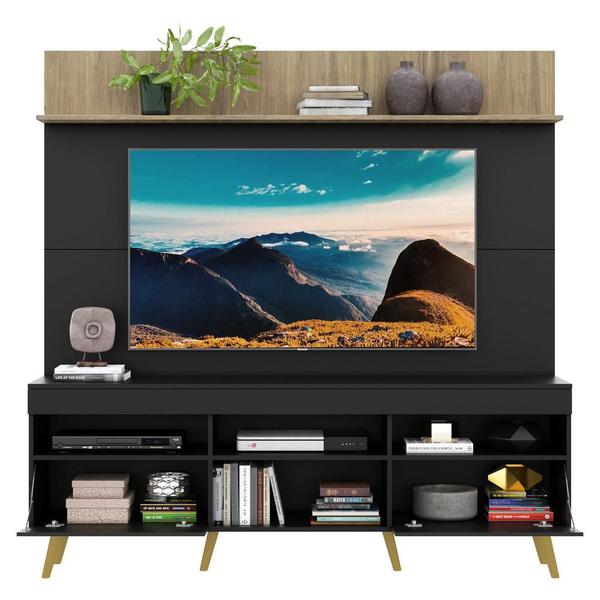 Imagem de Rack com Painel e Suporte TV 65" Madri Multimóveis Preto/Rustic com Prateleira e Pés Retrô Natural