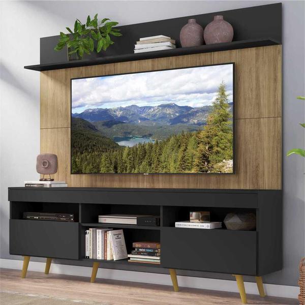 Imagem de Rack com Painel e Suporte TV 65" Madri Multimóveis Preto/Rustic com Prateleira e Pés Retrô Natural