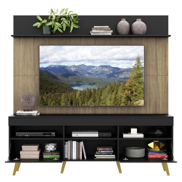 Imagem de Rack com Painel e Suporte TV 65" Madri Multimóveis Preto/Rustic com Prateleira e Pés Retrô Natural