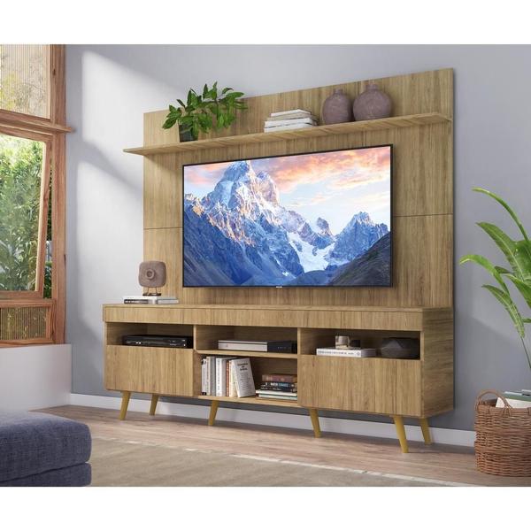 Imagem de Rack com Painel e Suporte TV 65" Madri Multimóveis Rustic com Prateleira e Pés Retrô Natural