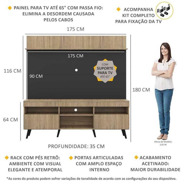 Imagem de Rack com Painel e Suporte TV 65" Madri Multimóveis Rustic/Preto com Prateleira e Pés Retrô Preto