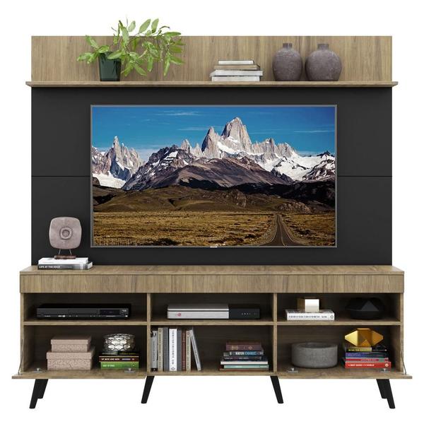 Imagem de Rack com Painel e Suporte TV 65" Madri Multimóveis Rustic/Preto com Prateleira e Pés Retrô Preto