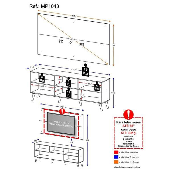 Imagem de Rack com Painel e Suporte TV 65" Retrô Flórida Up Multimóveis MP1043 Branco/Natural