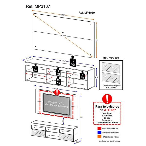 Imagem de Rack com Painel para TV até 65" e Espelho Flórida Multimóveis Preto