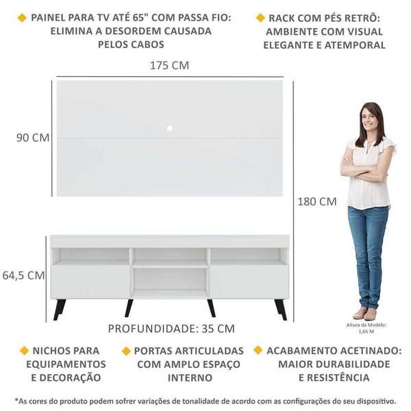 Imagem de Rack com Painel para TV até 65" Pés Retrô com 2 Portas Londres Multimóveis Branco/Preto