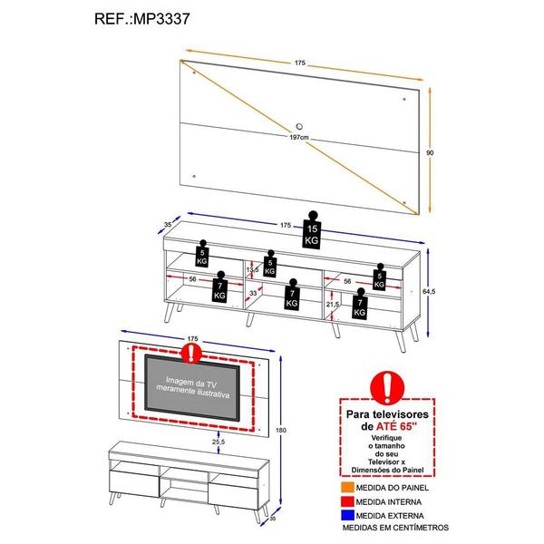 Imagem de Rack com Painel para TV até 65" Pés Retrô com 2 Portas Londres Multimóveis Branco/Preto