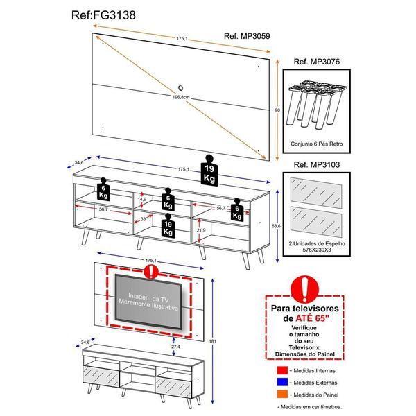 Imagem de Rack com Painel Retrô com Espelho para TV até 65" Multimóveis Flórida FG3138 Branco/Natural