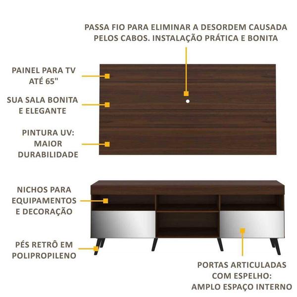 Imagem de Rack com Painel Retrô com Espelho para TV até 65" Multimóveis Flórida FG3138 Madeirado/Preto