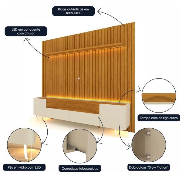 Imagem de  Rack Com Painel Ripado Led Infinity 230 Com Pés De Vidro Naturale/Off White - Gelius Móveis