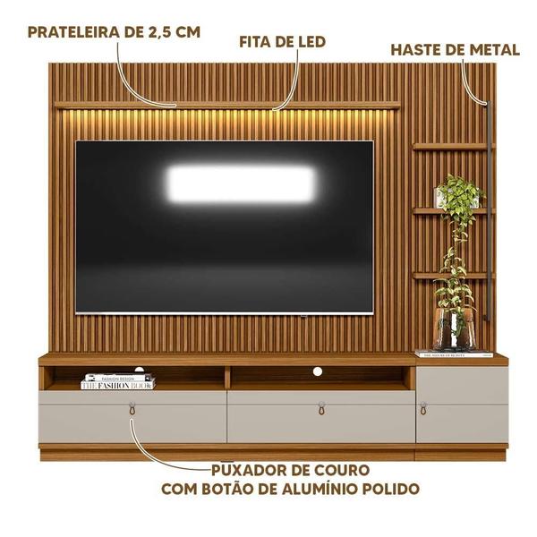 Imagem de Rack Com Painel Ripado Modulado Para TV Até 75 Polegadas Nature Off White Ouro Preto Linea Brasil