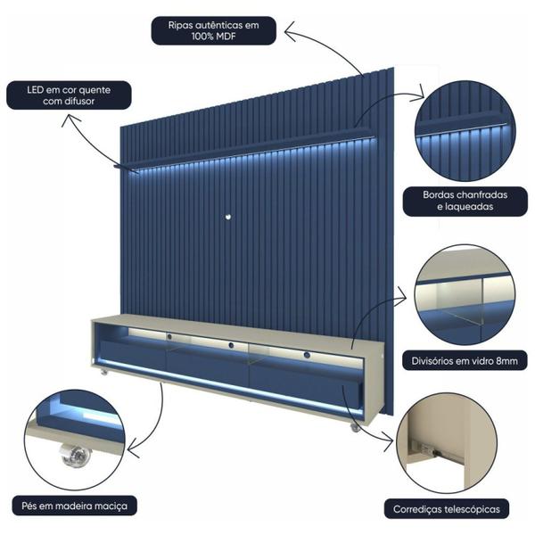 Imagem de Rack com Painel Ripado para Tv até 85 Polegadas Led 3 Gavetas com Rodízios 230cm Naturale