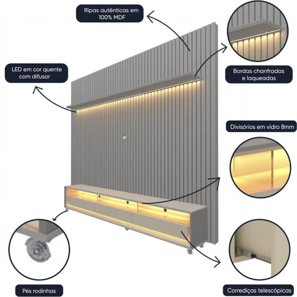 Imagem de Rack com Painel Ripado para Tv até 85 Polegadas Led 3 Gavetas com Rodízios 230cm Naturale