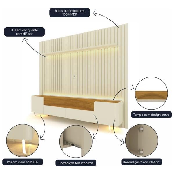 Rack com Painel Ripado para Tv até 85 Polegadas Led Pés Vidro Nobre/infinity 230cm - Gelius Móveis Imagem de Rack com Painel Ripado para Tv até 85 Polegadas Led Pés Vidro Nobre/infinity 230cm