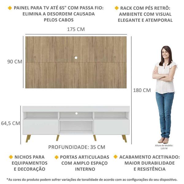 Imagem de Rack com Painel TV 65" Londres Multimóveis Pés Retrô e 2 portas Branco/Rustic/Natural