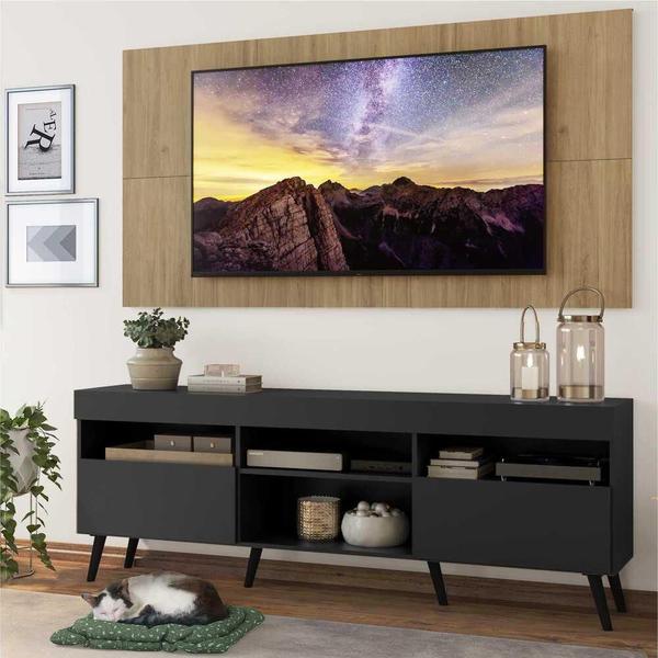 Imagem de Rack com Painel TV 65" Londres Multimóveis Pés Retrô e 2 portas Preto/Rustic/Preto