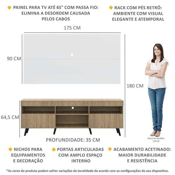 Imagem de Rack com Painel TV 65" Londres Multimóveis Pés Retrô e 2 portas Rustic/Branco/Preto