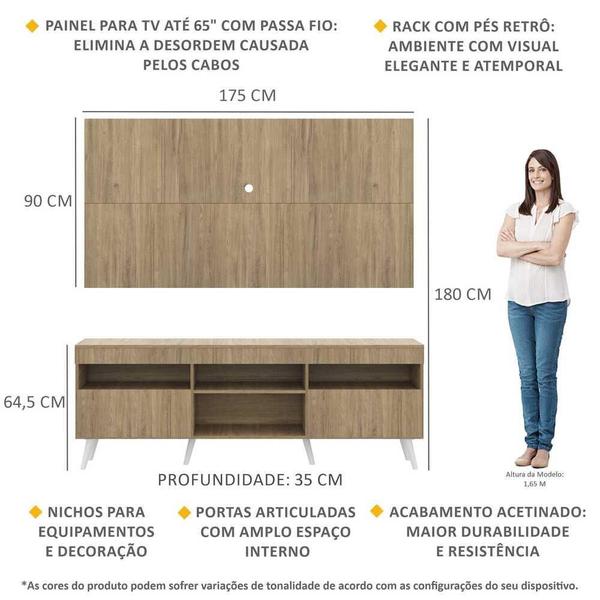 Imagem de Rack com Painel TV 65" Londres Multimóveis Pés Retrô e 2 portas Rustic/Branco