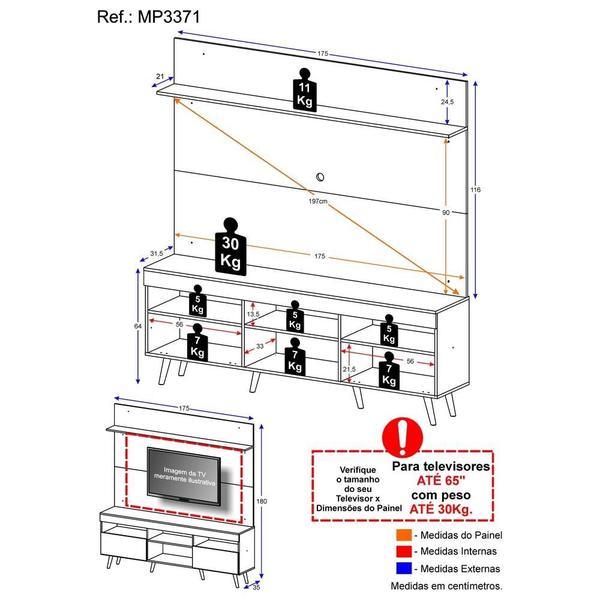 Imagem de Rack com Painel TV 65" Madri Multimóveis Branco/Preto com Prateleira e Pés Retrô Preto