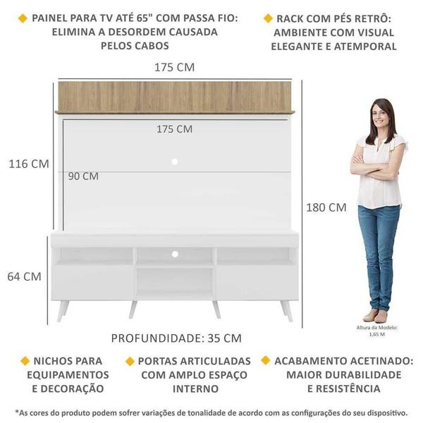 Imagem de Rack com Painel TV 65" Madri Multimóveis Branco/Rustic com Prateleira e Pés Retrô Branco