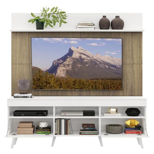 Rack com Painel TV 65" Madri Multimóveis Branco/Rustic com Prateleira e Pés Retrô Branco Imagem de Rack com Painel TV 65" Madri Multimóveis Branco/Rustic com Prateleira e Pés Retrô Branco