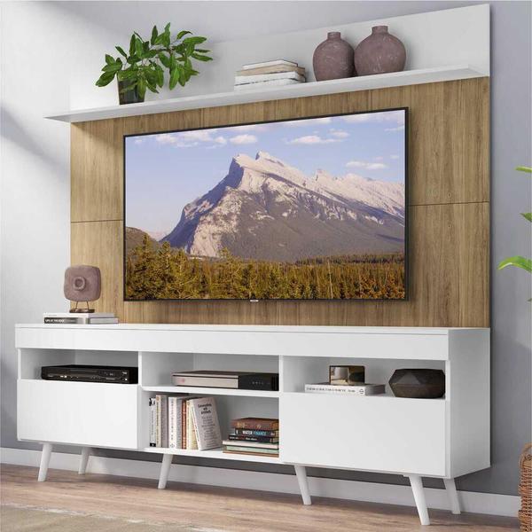 Rack com Painel TV 65" Madri Multimóveis Branco/Rustic com Prateleira e Pés Retrô Branco Imagem de Rack com Painel TV 65" Madri Multimóveis Branco/Rustic com Prateleira e Pés Retrô Branco