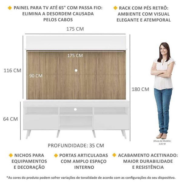 Imagem de Rack com Painel TV 65" Madri Multimóveis Branco/Rustic com Prateleira e Pés Retrô Branco