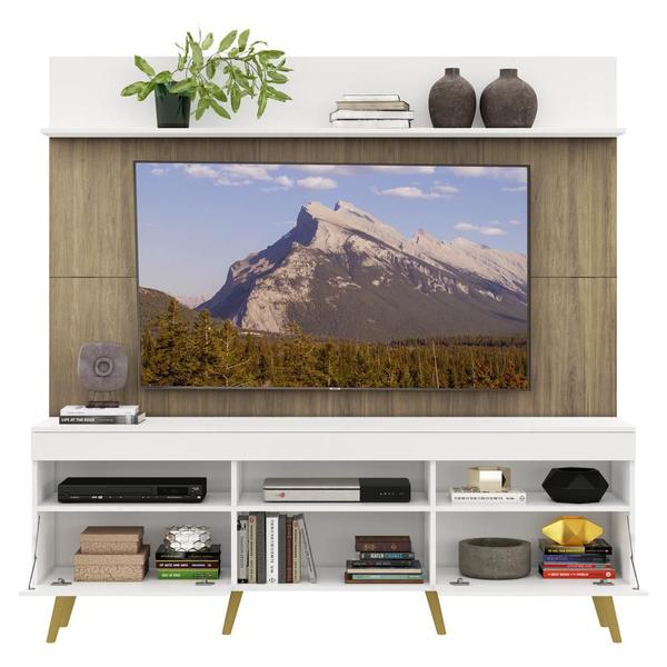 Imagem de Rack com Painel TV 65" Madri Multimóveis Branco/Rustic com Prateleira e Pés Retrô Natural