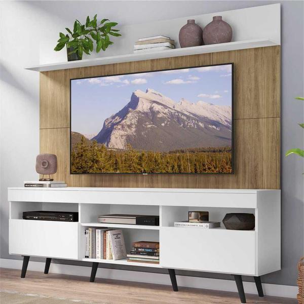 Imagem de Rack com Painel TV 65" Madri Multimóveis Branco/Rustic com Prateleira e Pés Retrô Preto