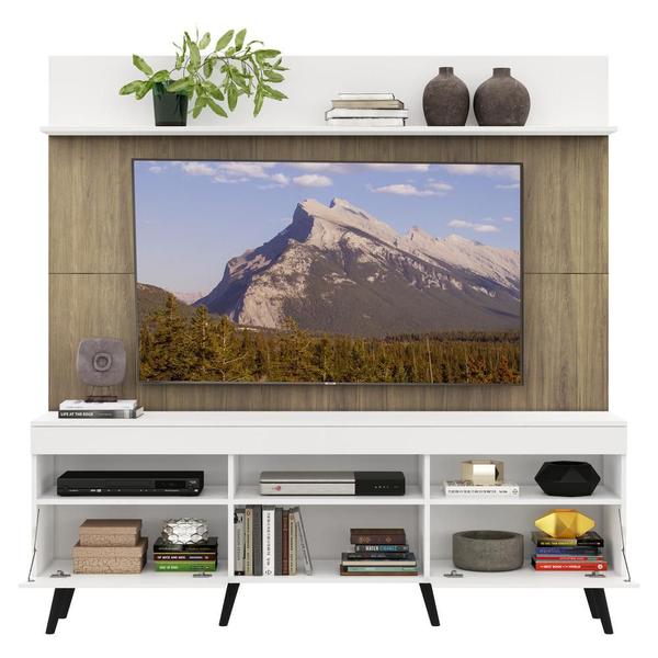 Imagem de Rack com Painel TV 65" Madri Multimóveis Branco/Rustic com Prateleira e Pés Retrô Preto