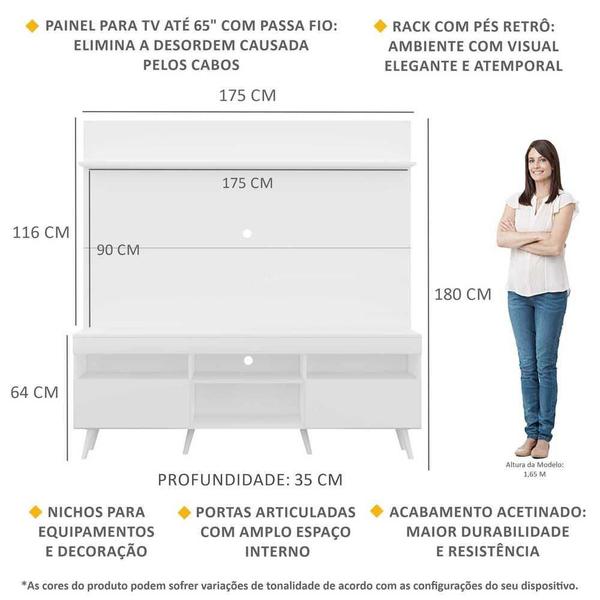 Imagem de Rack com Painel TV 65" Madri Multimóveis Pés Retrô e Prateleira Branco