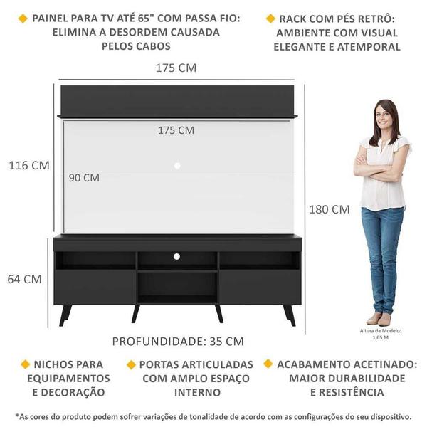 Imagem de Rack com Painel TV 65" Madri Multimóveis Preto/Branco com Prateleira e Pés Retrô Preto 