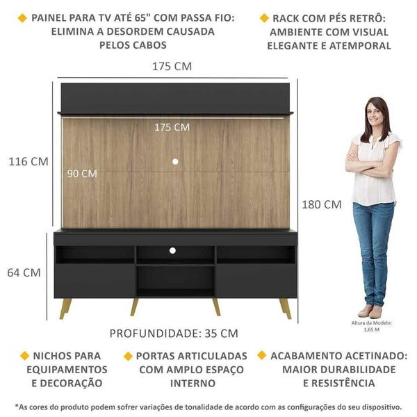 Imagem de Rack com Painel TV 65" Madri Multimóveis Preto/Rustic com Prateleira e Pés Retrô Natural