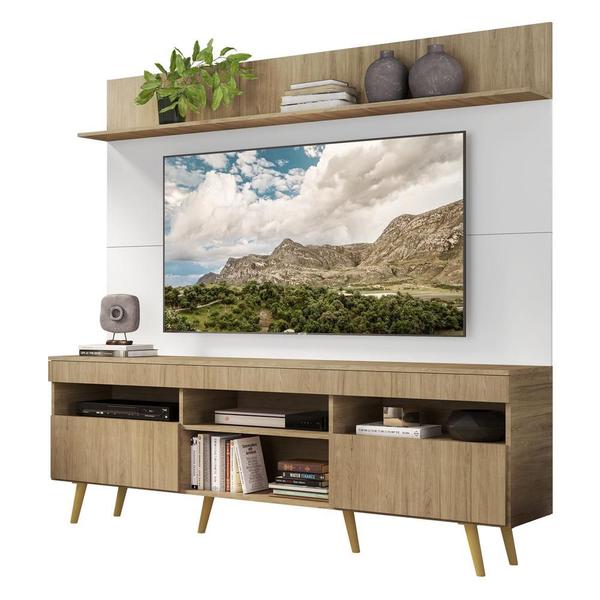 Imagem de Rack com Painel TV 65" Madri Multimóveis Rustic/Branco com Prateleira e Pés Retrô Natural