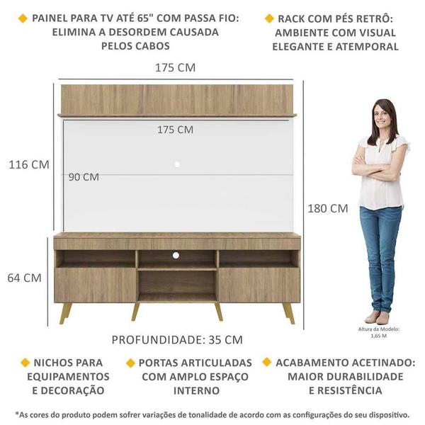 Imagem de Rack com Painel TV 65" Madri Multimóveis Rustic/Branco com Prateleira e Pés Retrô Natural