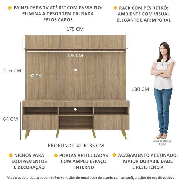 Imagem de Rack com Painel TV 65" Madri Multimóveis Rustic com Prateleira e Pés Retrô Natural