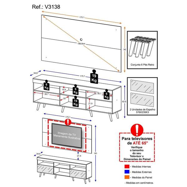 Imagem de Rack com Painel TV 65" Retrô com Espelho Flórida Multimóveis V3138