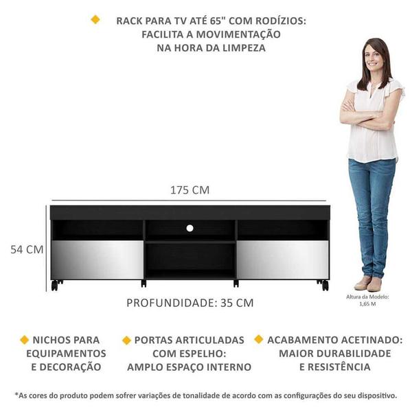 Imagem de Rack com Rodízios e Espelho para TV até 65" Multimóveis Paris FG3330 com 2 Portas Preto