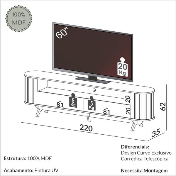 Imagem de Rack Curvo para TV de até 75" com 02 Gavetas 220cm 100% MDF TB302 Dalla Costa