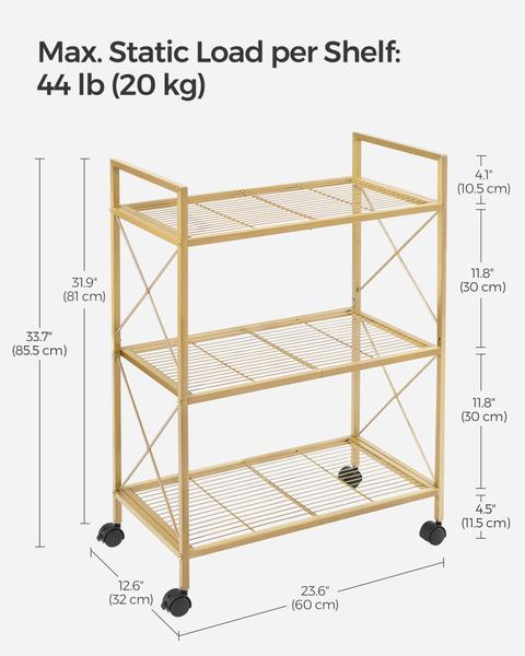 Imagem de Rack de armazenamento SONGMICS de metal de 3 camadas com rodas 60x32x85,5 cm dourado