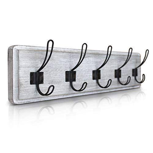 Imagem de Rack de casaco rústico com 5 ganchos - Whitewash Wall Montado 24" Coat Rack - Hanger de entrada de madeira de pinheiro maciço para pendurar casacos roupas, chapéus, bolsa, chaves - Vintage Farmhouse Coat Rack para cozinha, quarto